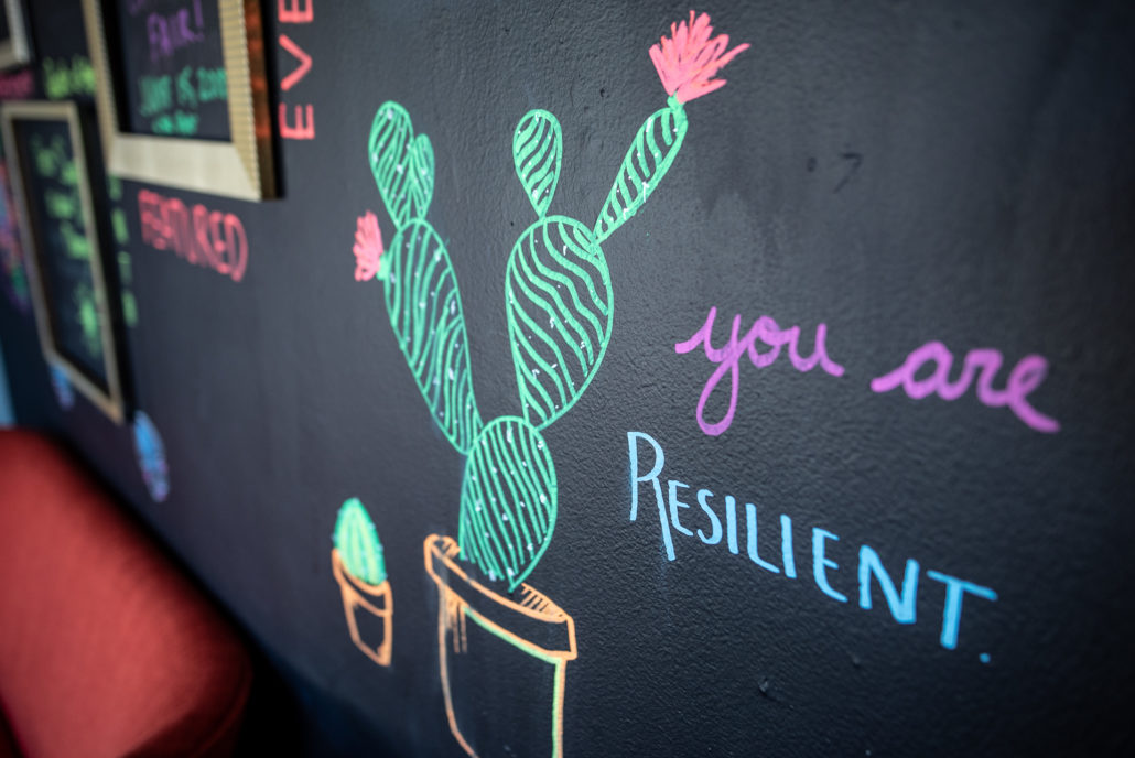 A chalkboard with a colorful drawing of a blooming cactus plant with the words 'You Are Resilient."